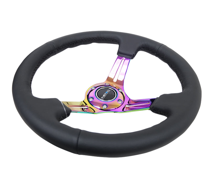 NRG Reinforced Steering Wheel (350mm / 3in. Deep) Blk Leather/Blk Stitch w/Neochrome Slits - Racecraft Industries