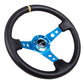 NRG Reinforced Steering Wheel (350mm / 3in. Deep) Blk Leather w/Blue Cutout Spoke & Single Yellow CM - Racecraft Industries