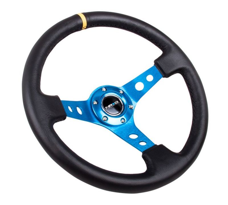 NRG Reinforced Steering Wheel (350mm / 3in. Deep) Blk Leather w/Blue Cutout Spoke & Single Yellow CM - Racecraft Industries