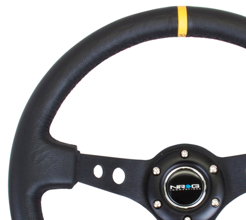 NRG Reinforced Steering Wheel (350mm / 3in. Deep) Blk Leather w/Blk Cutout Spoke/Yellow Center Mark - Racecraft Industries
