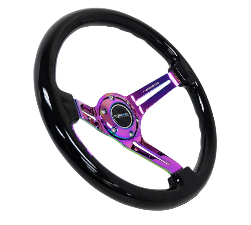 NRG Reinforced Steering Wheel (350mm / 3in. Deep) Blk Wood w/Blk Matte Spoke/Neochrome Center Mark - Racecraft Industries