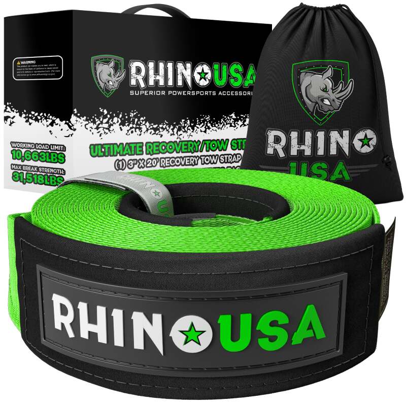 Rhino USA Recovery Tow Strap 3Inx30Ft (Green) - Racecraft Industries