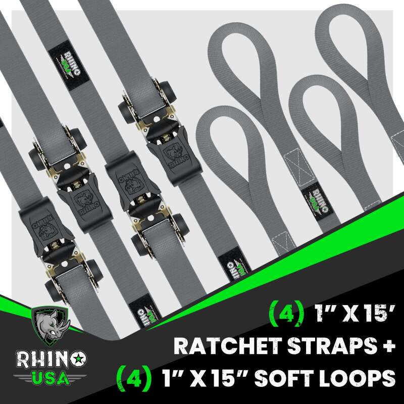 Rhino USA Medium Duty Ratchet Strap Tie-Down 4-Pack (Gray) - Racecraft Industries