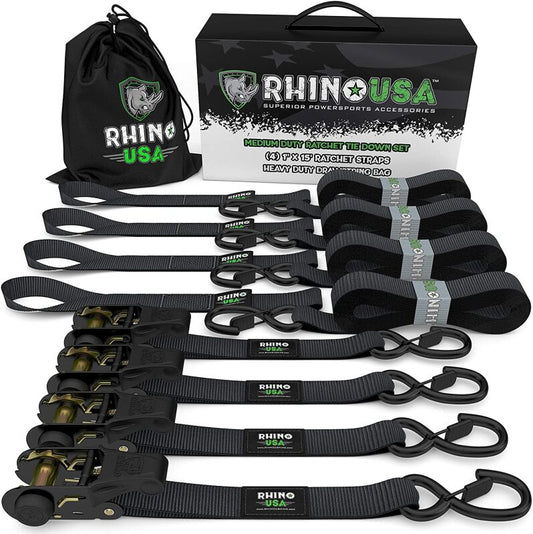 Rhino USA Medium Duty Ratchet Strap Tie-Down 4-Pack (Black) - Racecraft Industries
