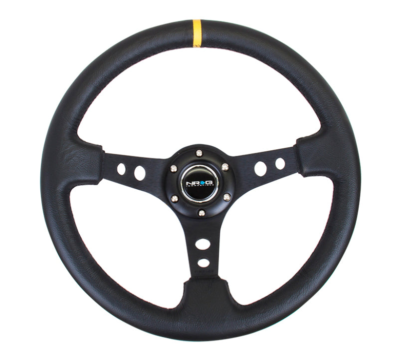 NRG Reinforced Steering Wheel (350mm / 3in. Deep) Blk Leather w/Blk Cutout Spoke/Yellow Center Mark - Racecraft Industries