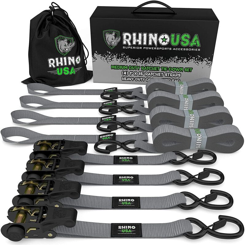 Rhino USA Medium Duty Ratchet Strap Tie-Down 4-Pack (Gray) - Racecraft Industries