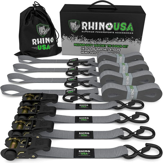 Rhino USA Medium Duty Ratchet Strap Tie-Down 4-Pack (Gray) - Racecraft Industries