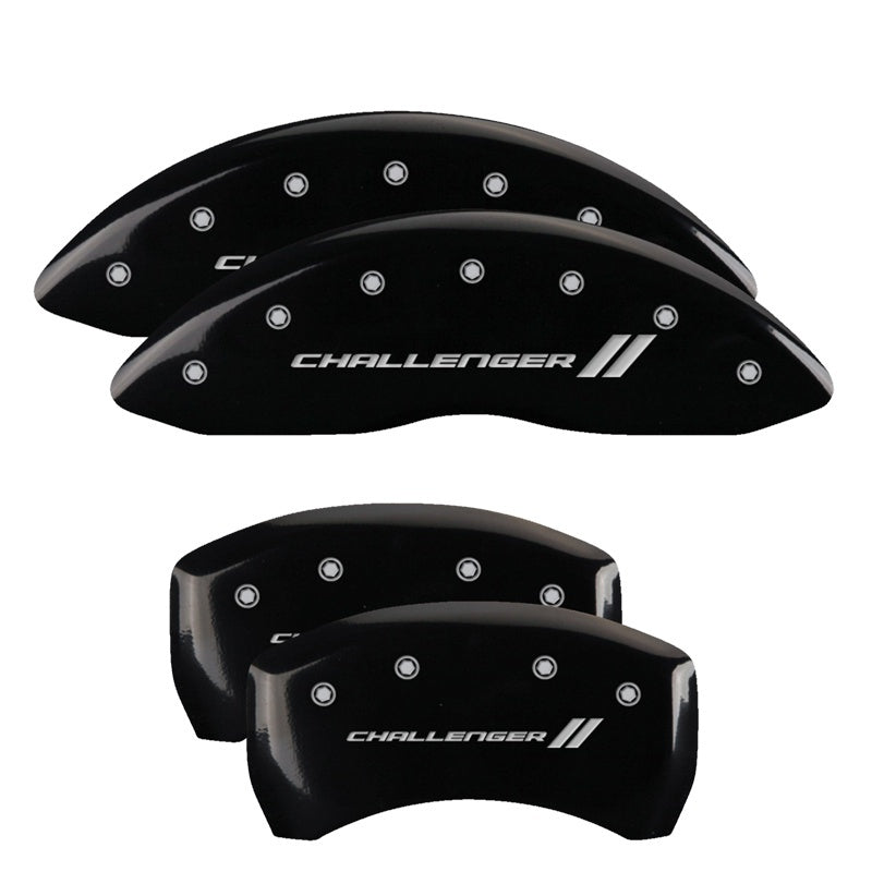 MGP 4 Caliper Covers Engraved Front & Rear With stripes/Challenger Black finish silver ch - Racecraft Industries