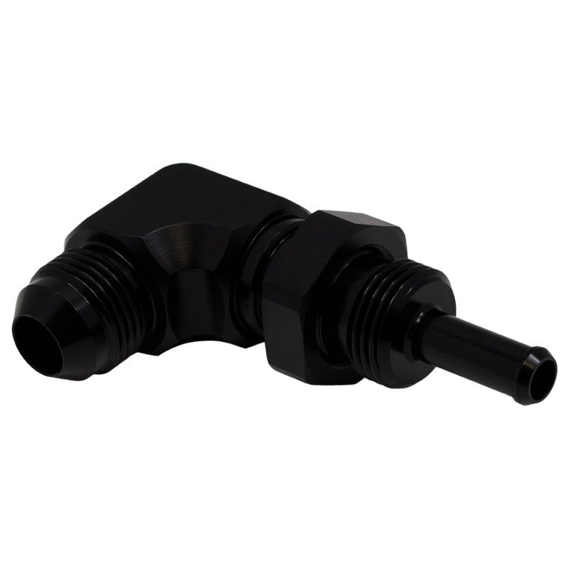 DeatschWerks 8AN Male Flare to 5/16in Male Barb Bulkhead Adapter 90-Degree - Anodized Matte Black - Racecraft Industries