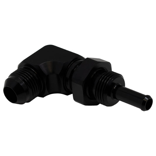 DeatschWerks 8AN Male Flare to 5/16in Male Barb Bulkhead Adapter 90-Degree - Anodized Matte Black - Racecraft Industries