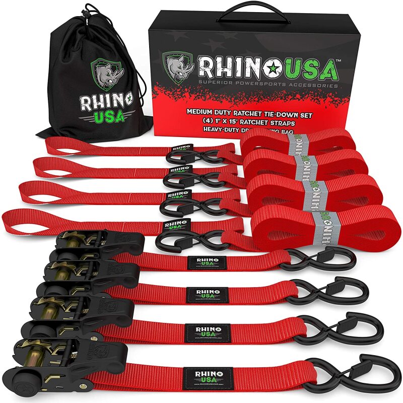 Rhino USA Medium Duty Ratchet Strap Tie-Down 4-Pack (Red) - Racecraft Industries