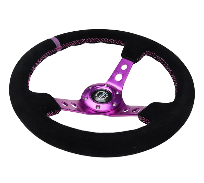 NRG Reinforced Steering Wheel (350mm / 3in. Deep) Black Suede w/Purple Center & Purple Stitching - Racecraft Industries