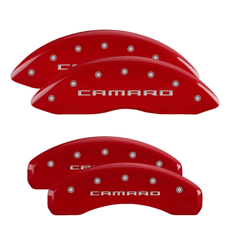MGP 4 Caliper Covers Engraved Front & Rear Gen 5/Camaro Red finish silver ch - Racecraft Industries