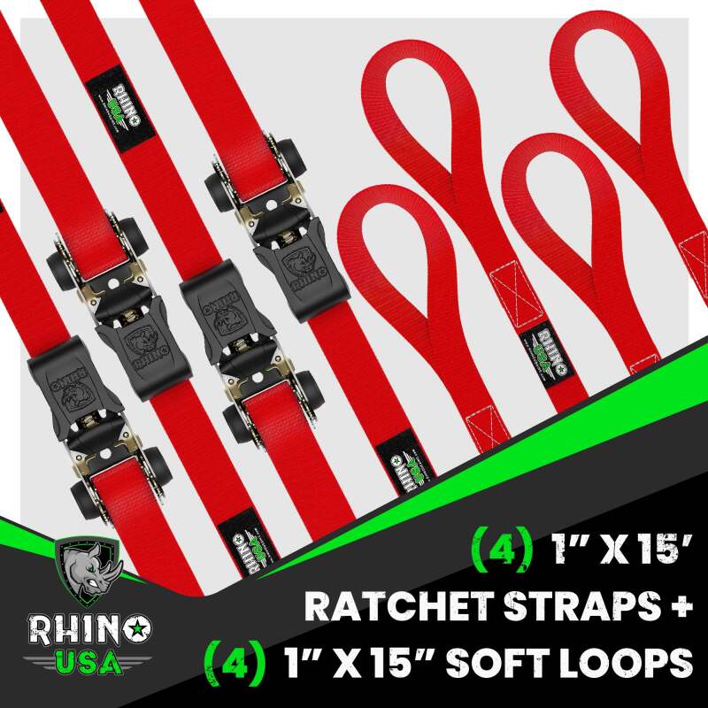 Rhino USA Medium Duty Ratchet Strap Tie-Down 4-Pack (Red) - Racecraft Industries