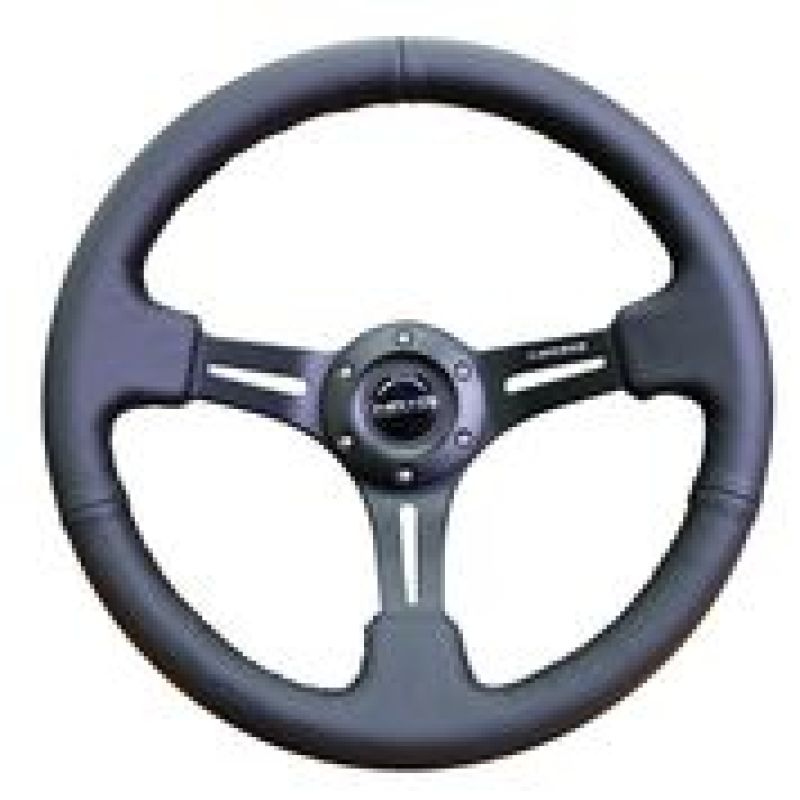 NRG Reinforced Steering Wheel (350mm / 3in. Deep) Black Leather w/ Black Stitching - Racecraft Industries