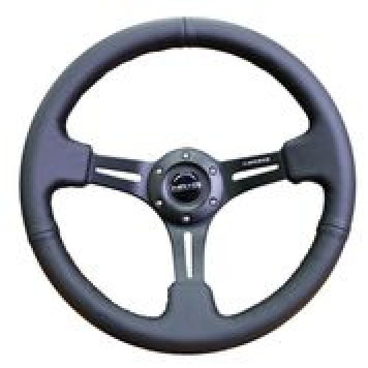 NRG Reinforced Steering Wheel (350mm / 3in. Deep) Black Leather w/ Black Stitching - Racecraft Industries
