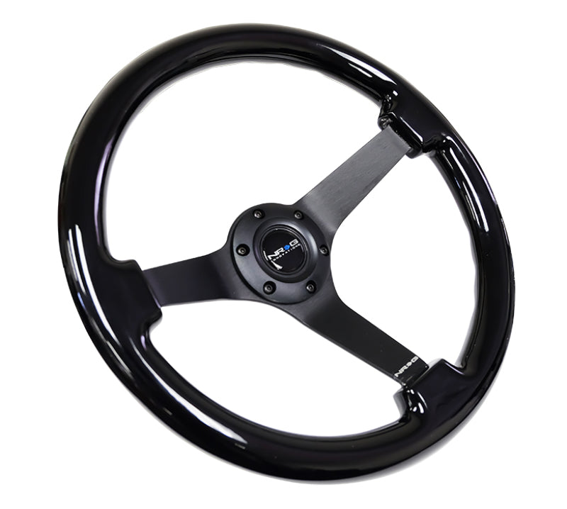 NRG Reinforced Steering Wheel (350mm / 3in. Deep) Black w/Black Chrome Solid 3-Spoke Center - Racecraft Industries