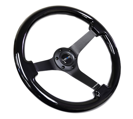 NRG Reinforced Steering Wheel (350mm / 3in. Deep) Black w/Black Chrome Solid 3-Spoke Center - Racecraft Industries