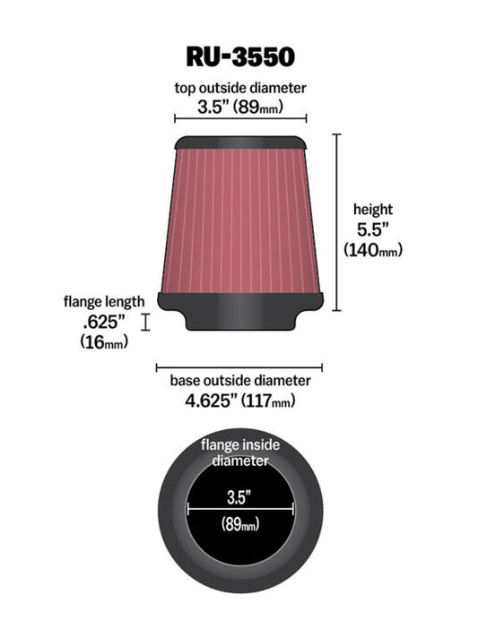 K&N Universal Rubber Filter 3 1/2 inch FLG / 4 5/8 inch Base / 3-1/2 inch Top / 5 1/2 inch Height - Racecraft Industries