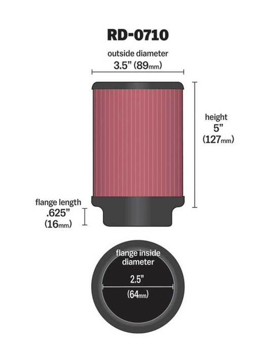 K&N Universal Rubber Filter 2.5in Flange ID x 3.5in OD x 5in Height - Racecraft Industries