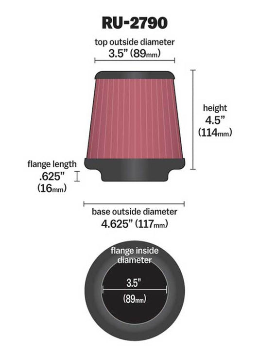 K&N Filter Universal Rubber Filter 3 1/2 inch Flange 4 5/8 inch Base 3 1/2 inch Top 4 1/2 inch Heigh - Racecraft Industries