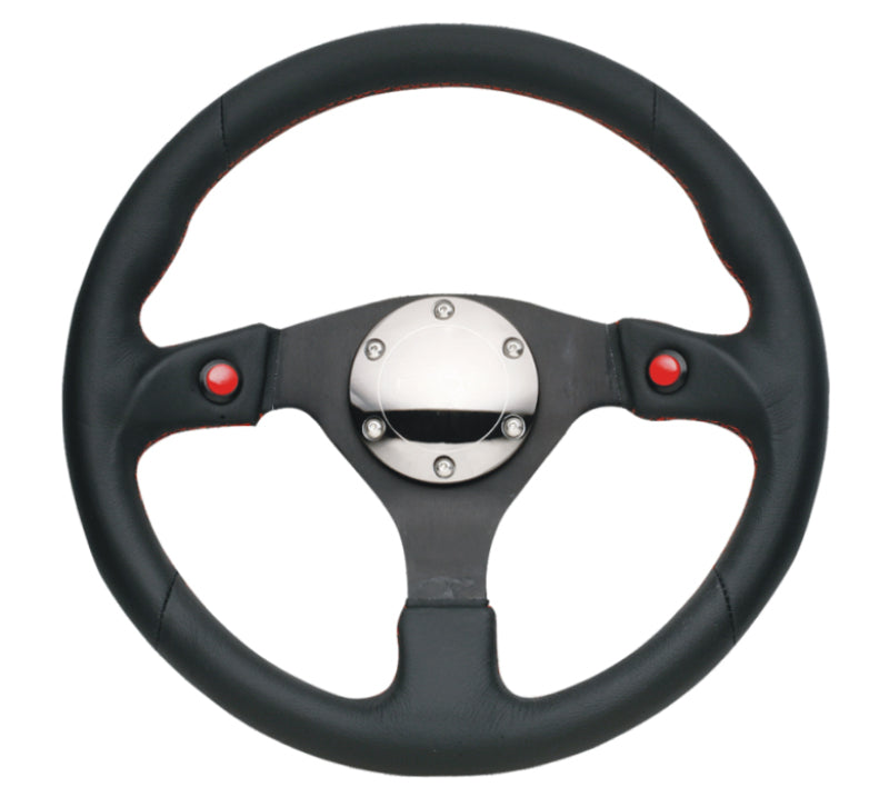 NRG Reinforced Steering Wheel (320mm) Blk Leather w/Dual Buttons - Racecraft Industries