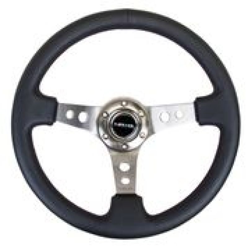 NRG Reinforced Steering Wheel (350mm / 3in. Deep) Blk Leather w/Gunmetal Circle Cutout Spokes - Racecraft Industries