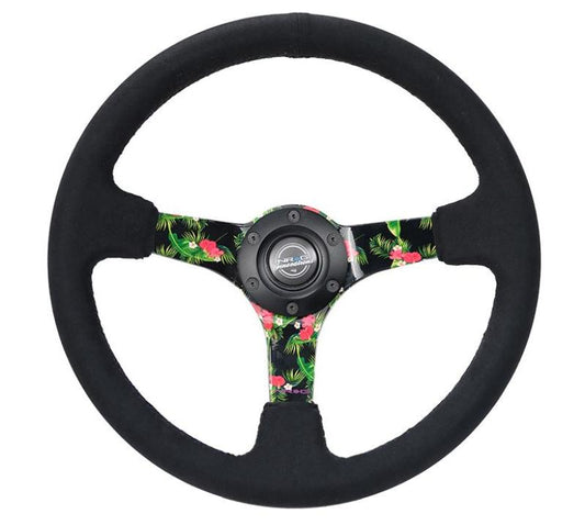 NRG Reinforced Steering Wheel (350mm / 3in. Deep) Black Suede w/ 5mm Floral 3-Spoke Center - Racecraft Industries