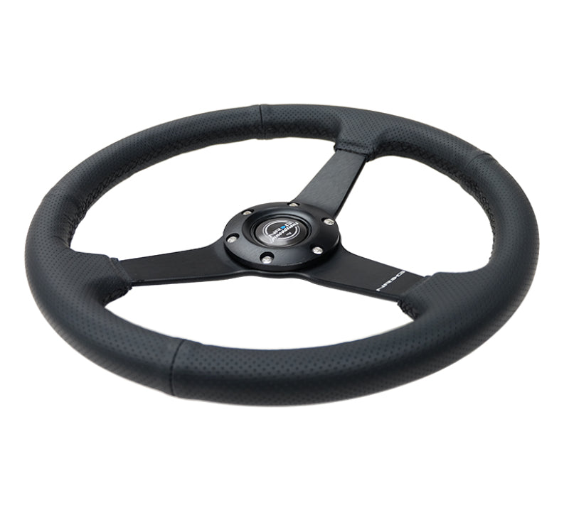 NRG Sport Steering Wheel (350mm / 1.5in Deep) Black Leather Black Stitch w/Matte Black Solid Spokes - Racecraft Industries