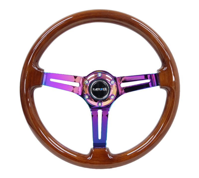 NRG Reinforced Steering Wheel (350mm / 3in. Deep) Brown Wood w/Blk Matte Spoke/Neochrome Center Mark - Racecraft Industries