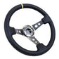 NRG Reinforced Steering Wheel (350mm / 3in. Deep) Blk Leather w/Gunmetal Cutout Spoke & Yellow CM - Racecraft Industries