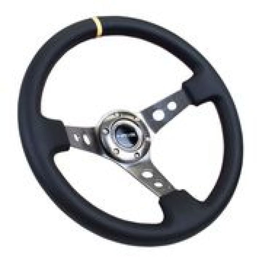 NRG Reinforced Steering Wheel (350mm / 3in. Deep) Blk Leather w/Gunmetal Cutout Spoke & Yellow CM - Racecraft Industries