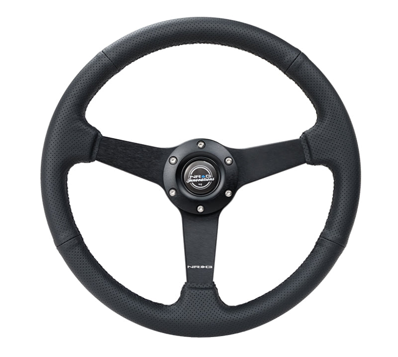 NRG Sport Steering Wheel (350mm / 1.5in Deep) Black Leather Black Stitch w/Matte Black Solid Spokes - Racecraft Industries