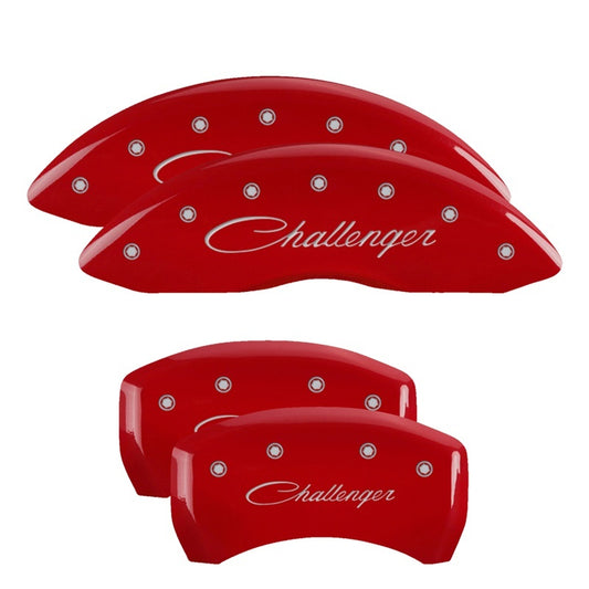 MGP 4 Caliper Covers Engraved Front & Rear Cursive/Challenger Red finish silver ch - Racecraft Industries