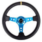NRG Reinforced Steering Wheel (350mm / 3in. Deep) Blk Leather w/Blue Cutout Spoke & Single Yellow CM - Racecraft Industries