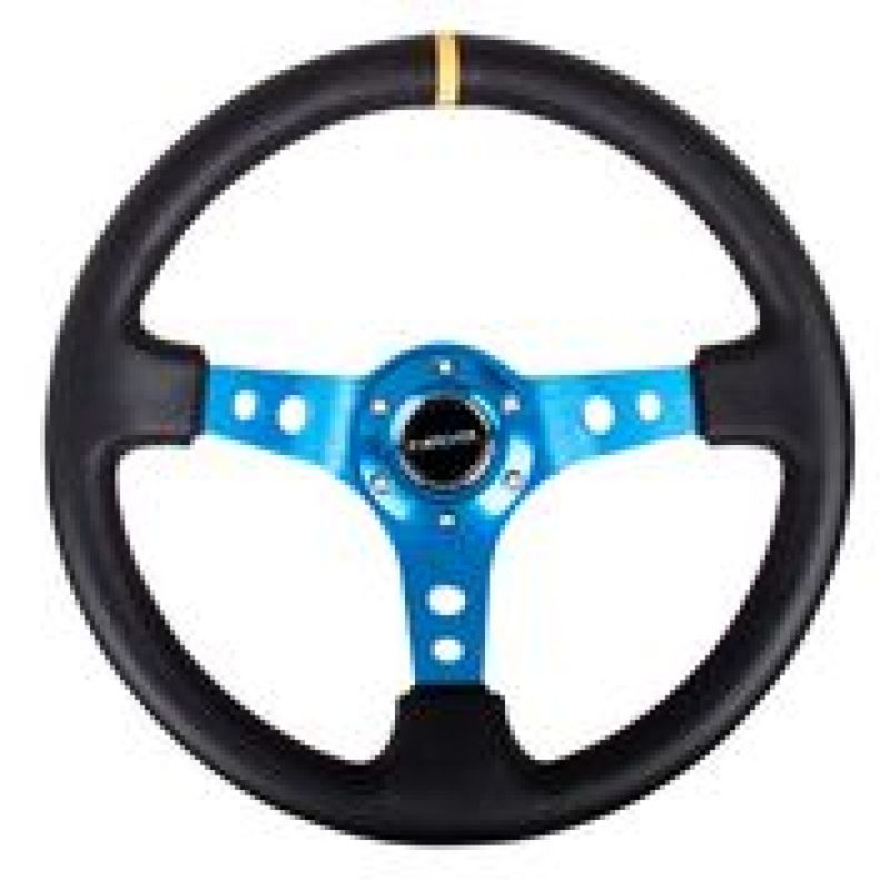 NRG Reinforced Steering Wheel (350mm / 3in. Deep) Blk Leather w/Blue Cutout Spoke & Single Yellow CM - Racecraft Industries