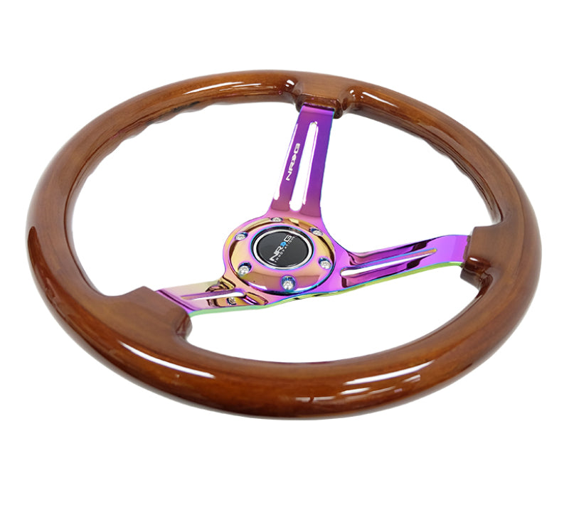 NRG Reinforced Steering Wheel (350mm / 3in. Deep) Brown Wood w/Blk Matte Spoke/Neochrome Center Mark - Racecraft Industries