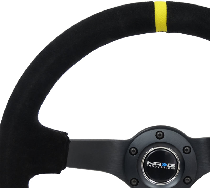 NRG Reinforced Steering Wheel (350mm / 3in. Deep) Blk Suede/X-Stitch w/5mm Blk Spoke & Yellow CM - Racecraft Industries