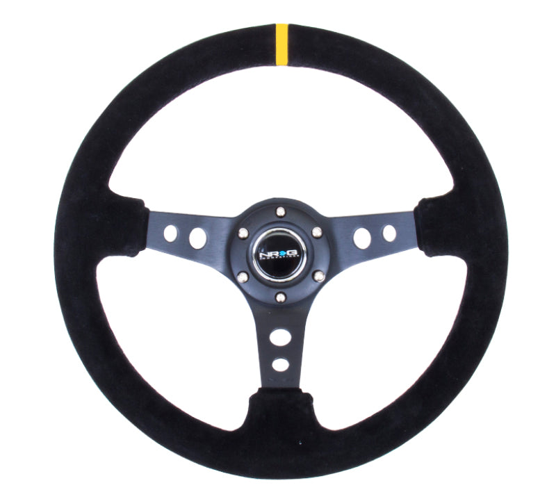 NRG Reinforced Steering Wheel (350mm / 3in. Deep) Blk Suede w/Circle Cut Spokes & Single Yellow CM - Racecraft Industries