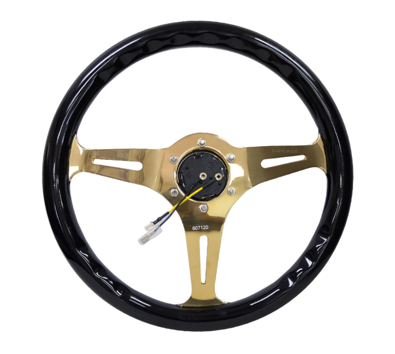 NRG Classic Wood Grain Steering Wheel (350mm) Black Grip w/Chrome Gold 3-Spoke Center - Racecraft Industries
