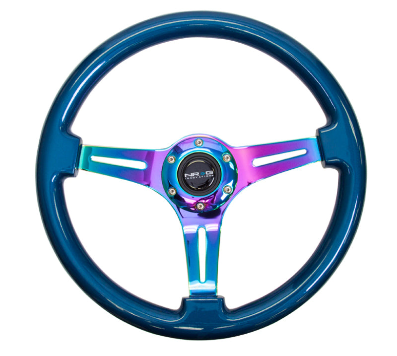 NRG Classic Wood Grain Steering Wheel (350mm) Blue Pearl/Flake Paint w/Neochrome 3-Spoke Center - Racecraft Industries