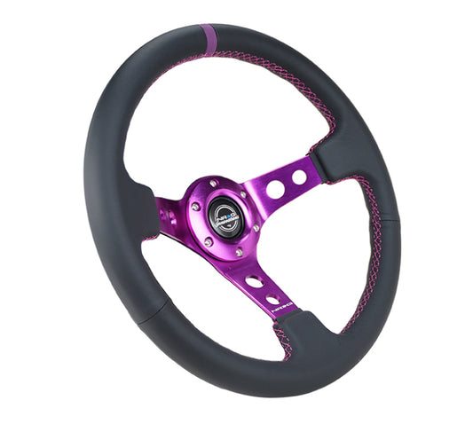 NRG Reinforced Steering Wheel (350mm / 3in. Deep) Black Leather w/Purple Center & Purple Stitching - Racecraft Industries
