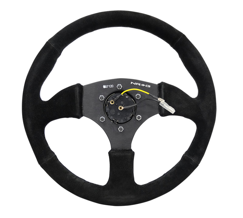 NRG Reinforced Steering Wheel (350mm / 2.5in. Deep) Blk Suede Comfort Grip w/5mm Matte Blk Spokes - Racecraft Industries