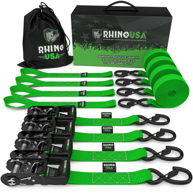 Rhino USA Heavy Duty Ratchet Tie-Down 4-Pack (Green) 1.6In X 8Ft - Racecraft Industries