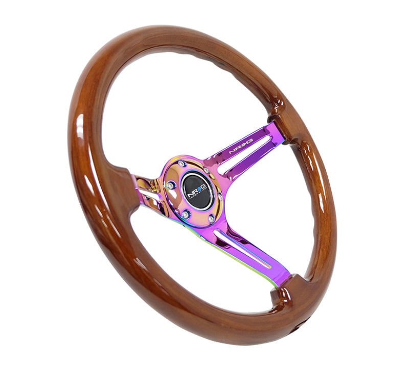 NRG Reinforced Steering Wheel (350mm / 3in. Deep) Brown Wood w/Blk Matte Spoke/Neochrome Center Mark - Racecraft Industries