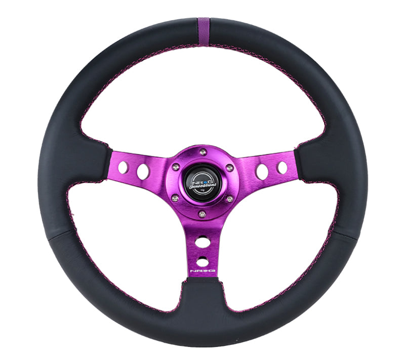 NRG Reinforced Steering Wheel (350mm / 3in. Deep) Black Leather w/Purple Center & Purple Stitching - Racecraft Industries