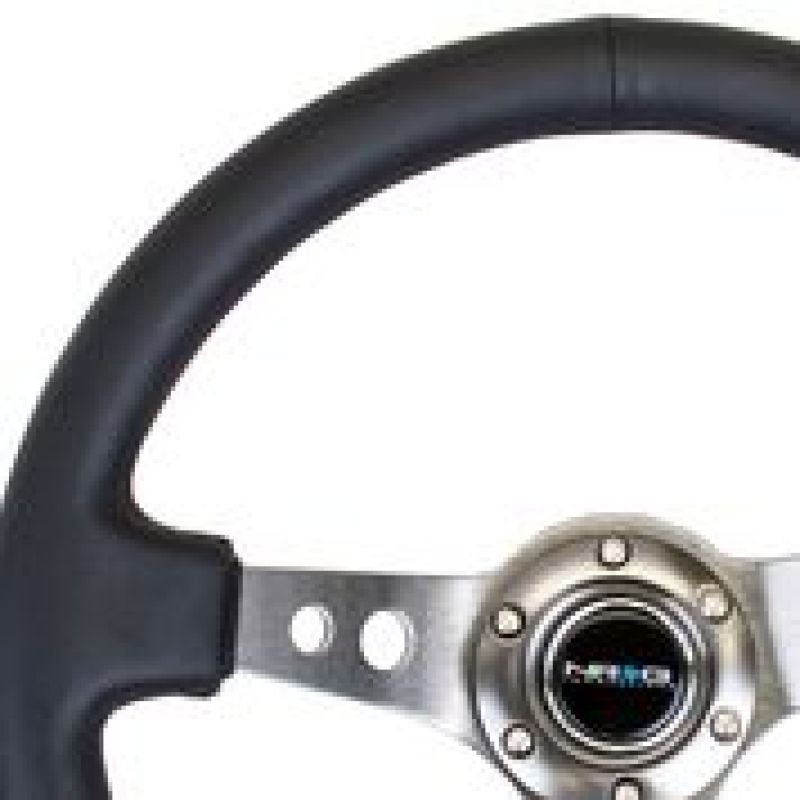 NRG Reinforced Steering Wheel (350mm / 3in. Deep) Blk Leather w/Gunmetal Circle Cutout Spokes - Racecraft Industries