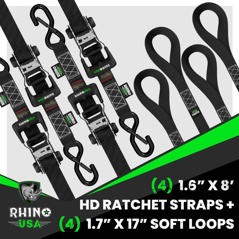 Rhino USA Heavy Duty Ratchet Tie-Down 4-Pack (Black) 1.6In X 8Ft - Racecraft Industries