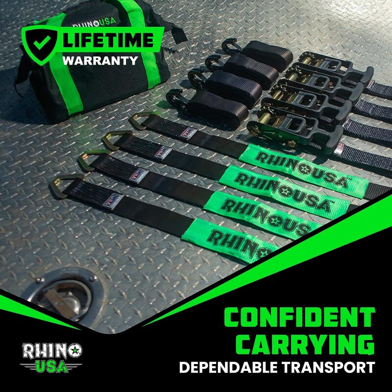 Rhino USA Heavy Duty Vehicle Tie Down Kit- Green - Racecraft Industries