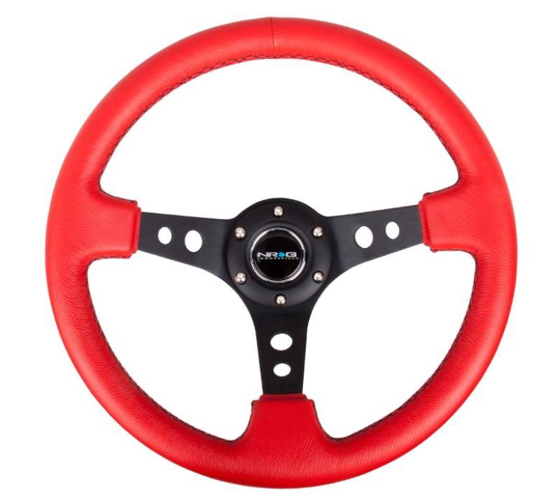 NRG Reinforced Steering Wheel (350mm / 3in. Deep) Red Leather/Blk Stitch w/Blk Spokes (Hole Cutouts) - Racecraft Industries